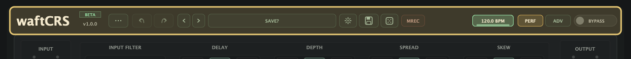Top bar controls highlighted: title, access badge, preset menu, undo and redo, previous and next preset, save, random, Motion Rec, FREE/BPM timing, PERF, ADV, and BYPASS.