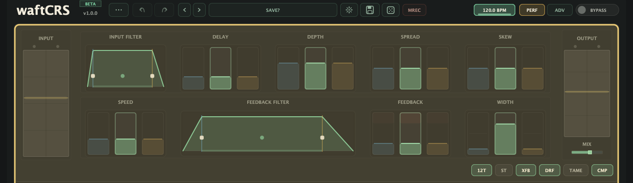 Main chorus control surface highlighted, including input and output rails, filter planes, delay, depth, spread, skew, speed, feedback, width, and mix.
