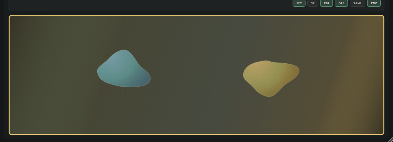 PERF performance surface highlighted, showing the blue left and yellow right animated blobs beneath the main chorus controls.