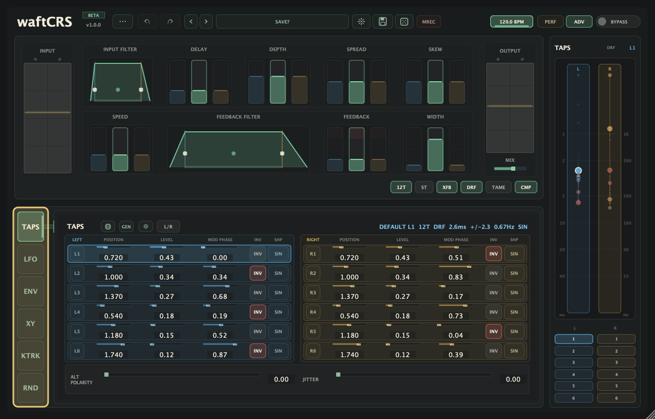 ADV mode rail and page selector highlighted, showing TAPS, LFO, ENV, XY, KTRK, RND, and LFO page buttons.