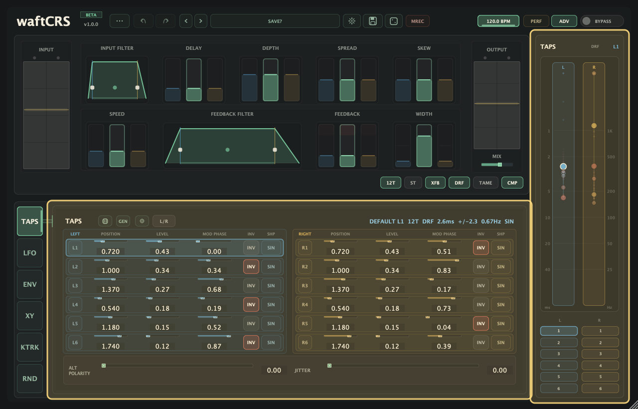 Full waftCRS app in ADV TAPS mode with the main TAPS editor and right-hand TAPS overview panel highlighted.