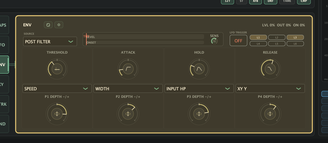 ADV ENV panel highlighted, showing source selection, SENS, follower and trigger controls, destination slots, and ENV depth amounts.