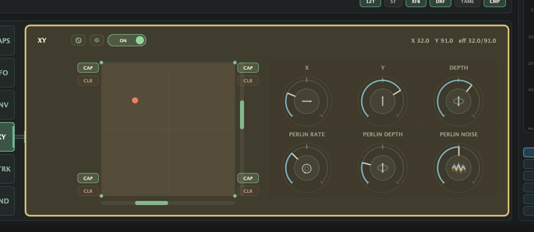 ADV XY panel highlighted, showing XY morph controls, active state, captured corners, random, clear, and Perlin drift controls.