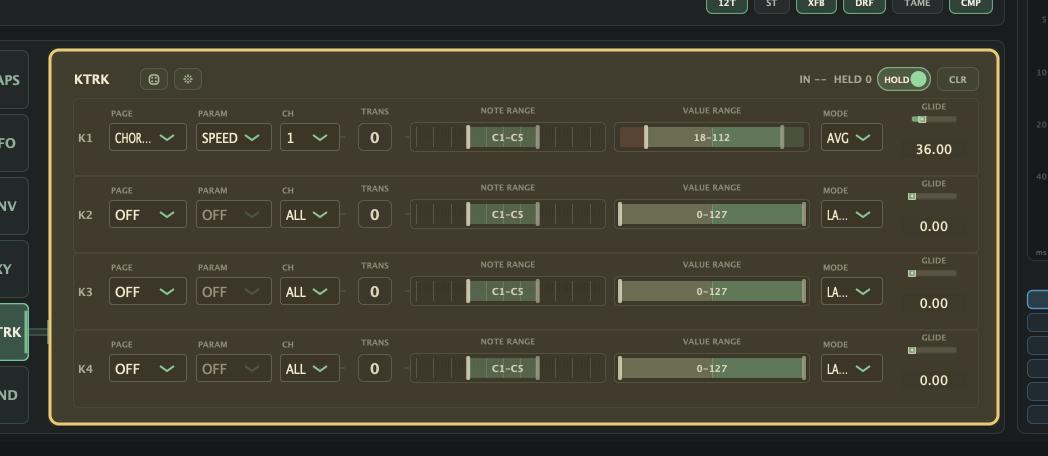 ADV KTRK panel highlighted, showing four key tracking lanes ordered PAGE, PARAM, CH, TRANS, NOTE RANGE, VALUE RANGE, MODE, and GLIDE.