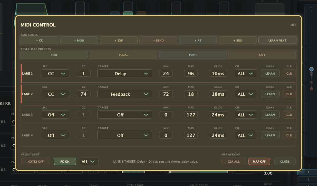 MIDI CONTROL panel highlighted, showing quick add buttons, map presets, MIDI lanes, learn buttons, Program Change, preset notes, and map actions.