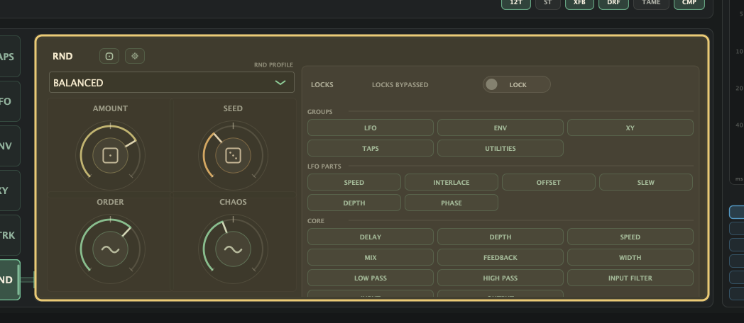 ADV Random panel highlighted, showing random profile, amount, seed, order, chaos, lock status, and lock grids.