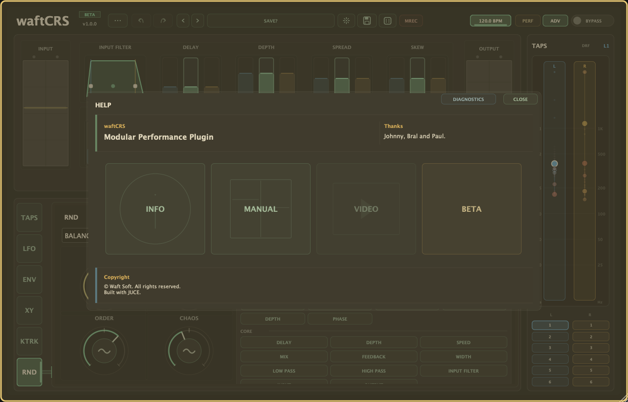 HELP and LICENSE panel highlighted, with support, licence, manual, and diagnostics controls.