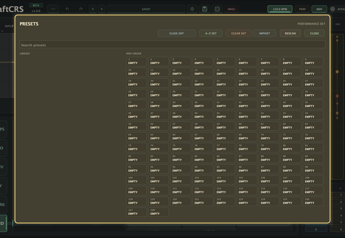 Preset Manager panel highlighted, showing preset library, performance slots, import, rescan, glide, and set management controls.