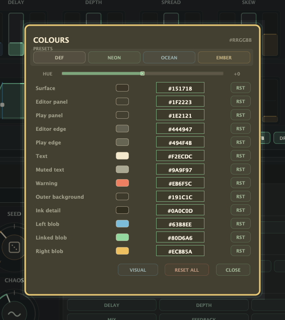 Colours panel highlighted, showing theme presets, visual access mode, colour slot swatches, hex values, resets, and close button.